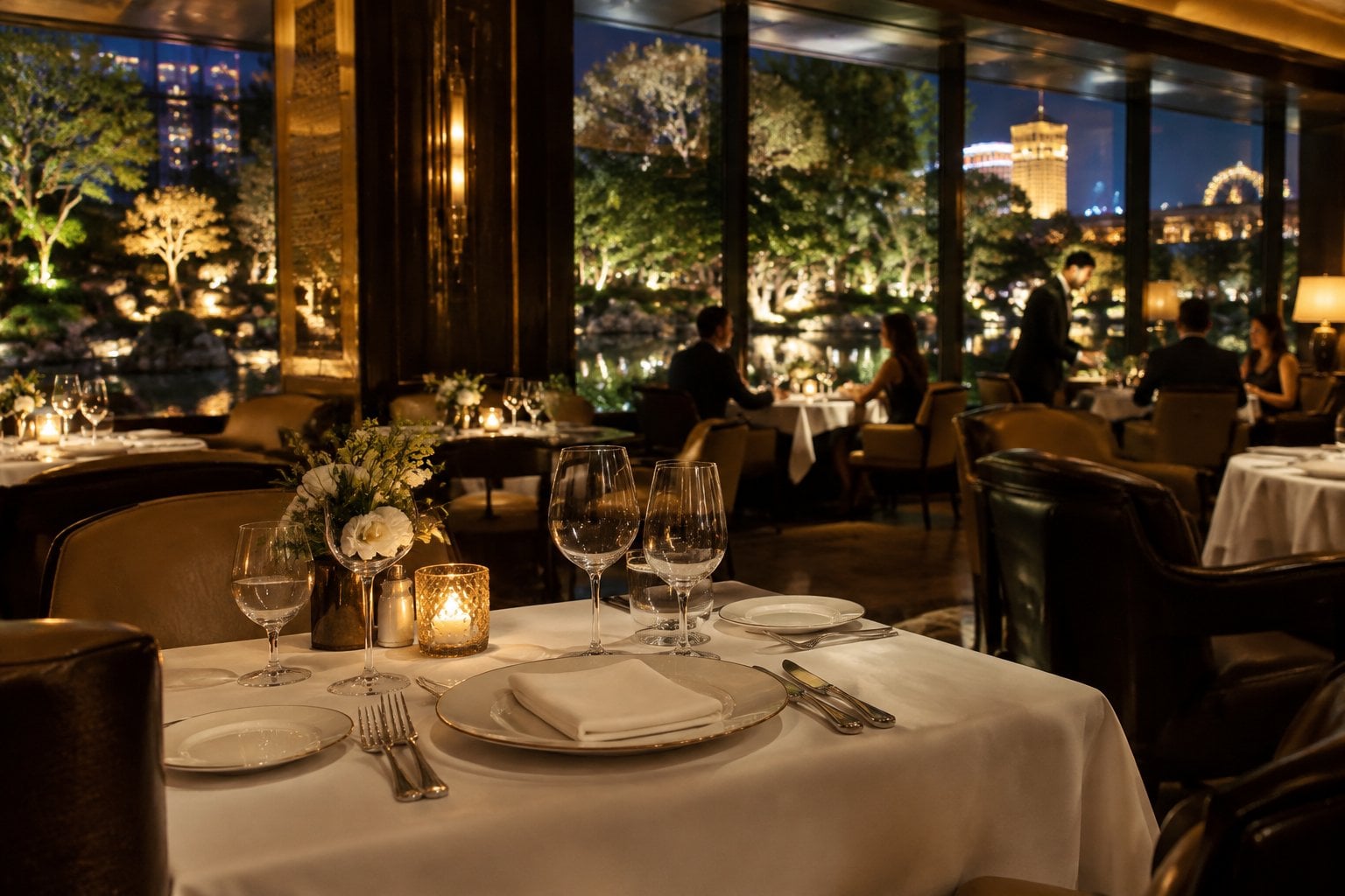 An elegant steakhouse dining room with candlelit tables beside a garden and reflecting pool.