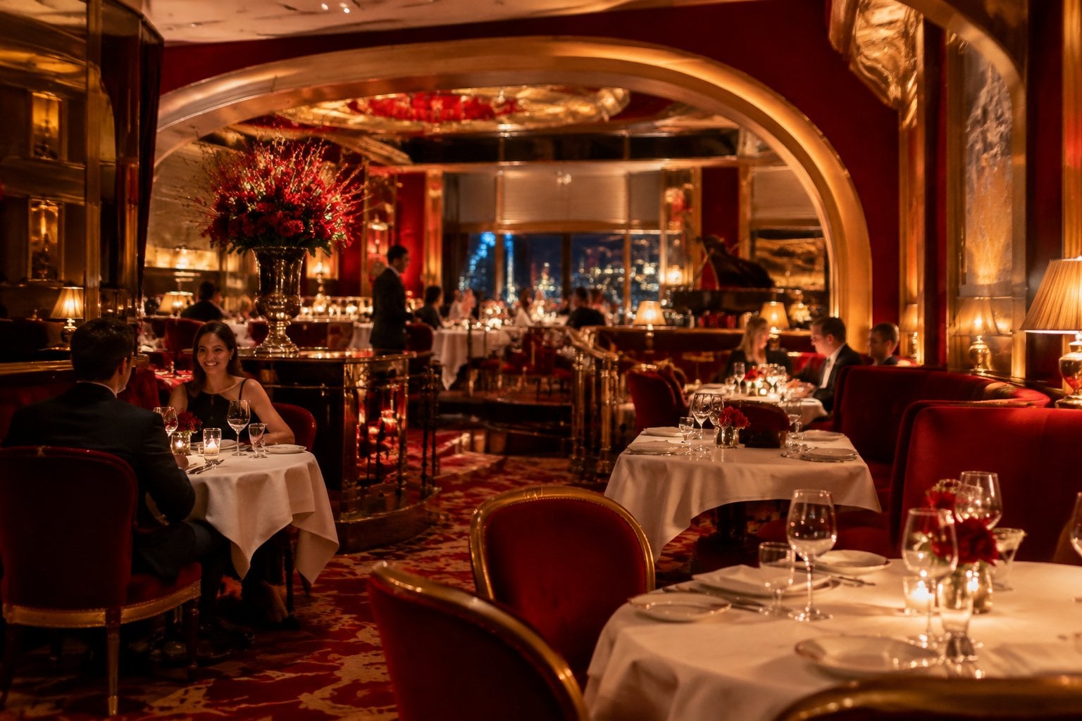 Diners enjoy an elegant meal in a richly decorated restaurant.