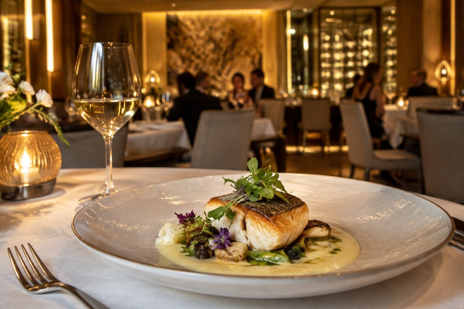 A gourmet seafood dish sits on a table in an elegant restaurant dining room.