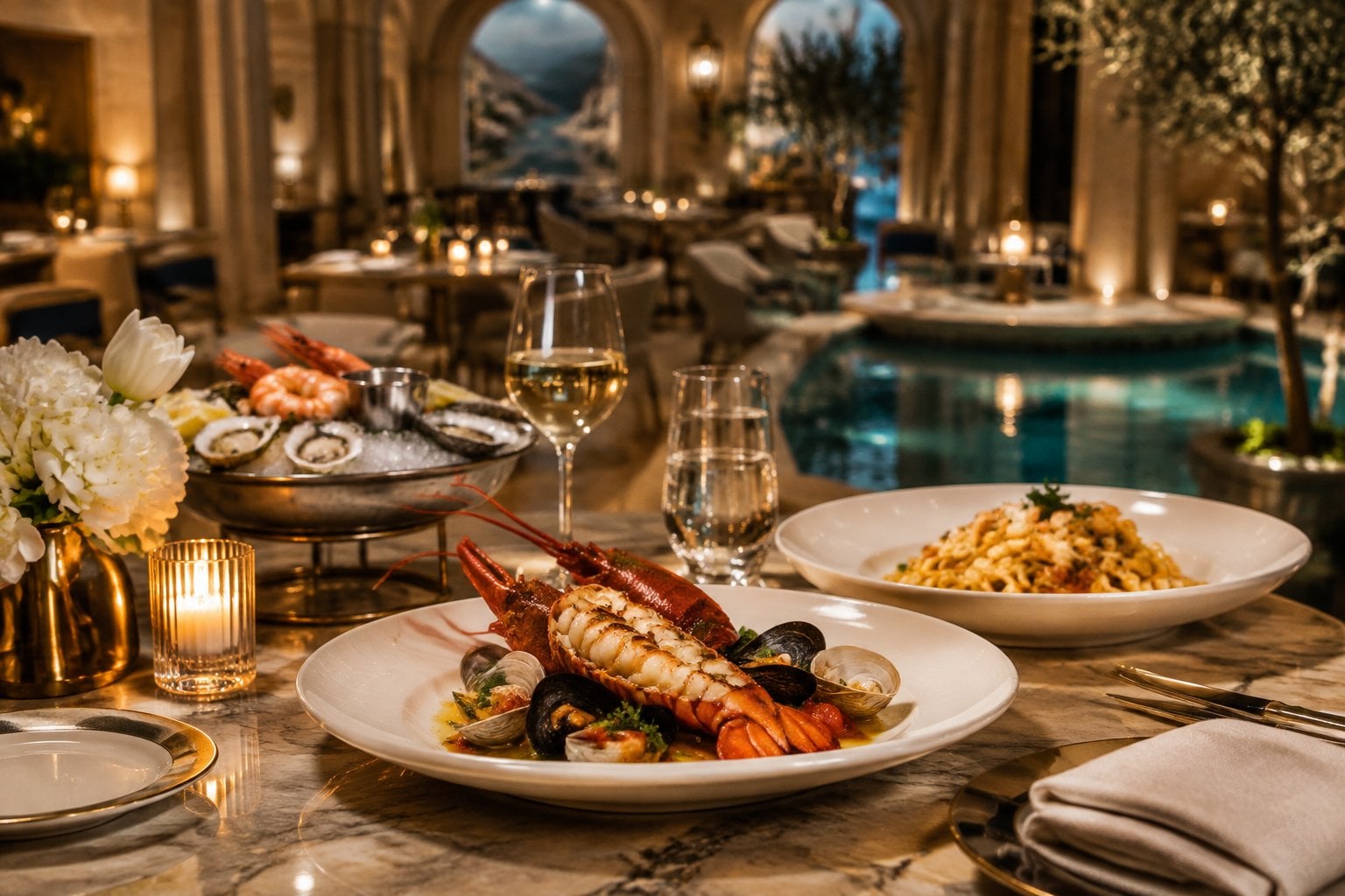 An elegant restaurant table set with a seafood dinner beside a softly lit dining room.