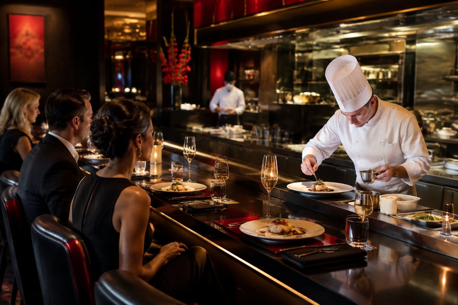 A chef plates a gourmet dish at an elegant restaurant counter as diners watch.