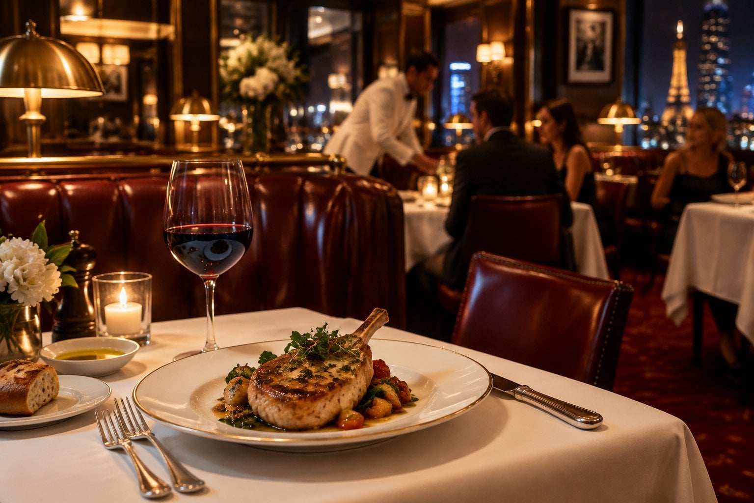 Diners enjoy an elegant Italian meal in a warmly lit restaurant.
