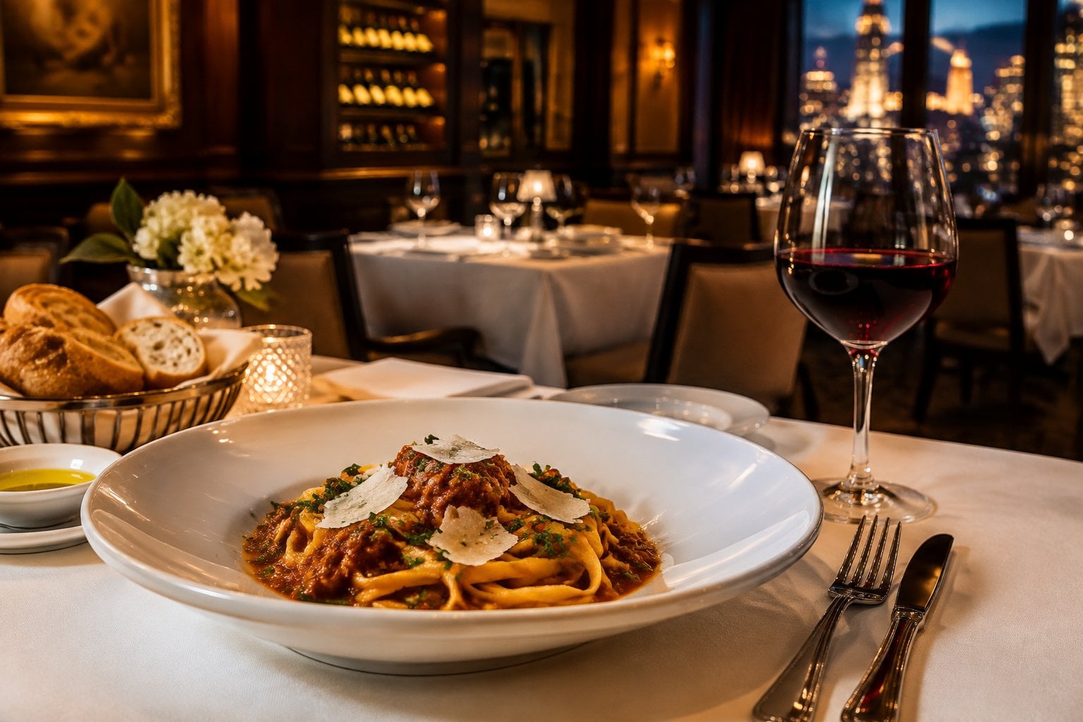 A gourmet pasta dish and glass of red wine on a table in an elegant Italian restaurant.