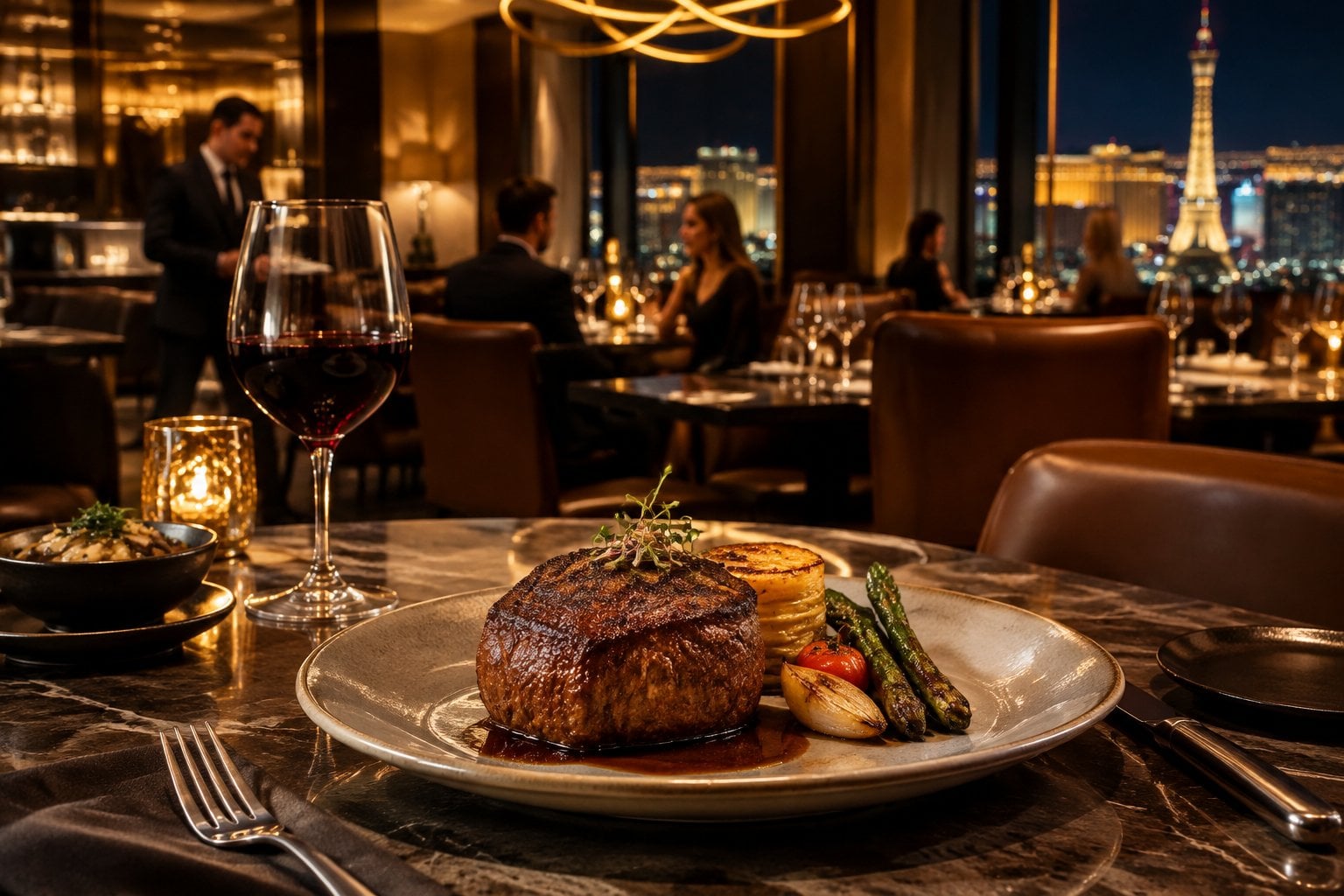 A plated steak and wine in an elegant restaurant dining room.