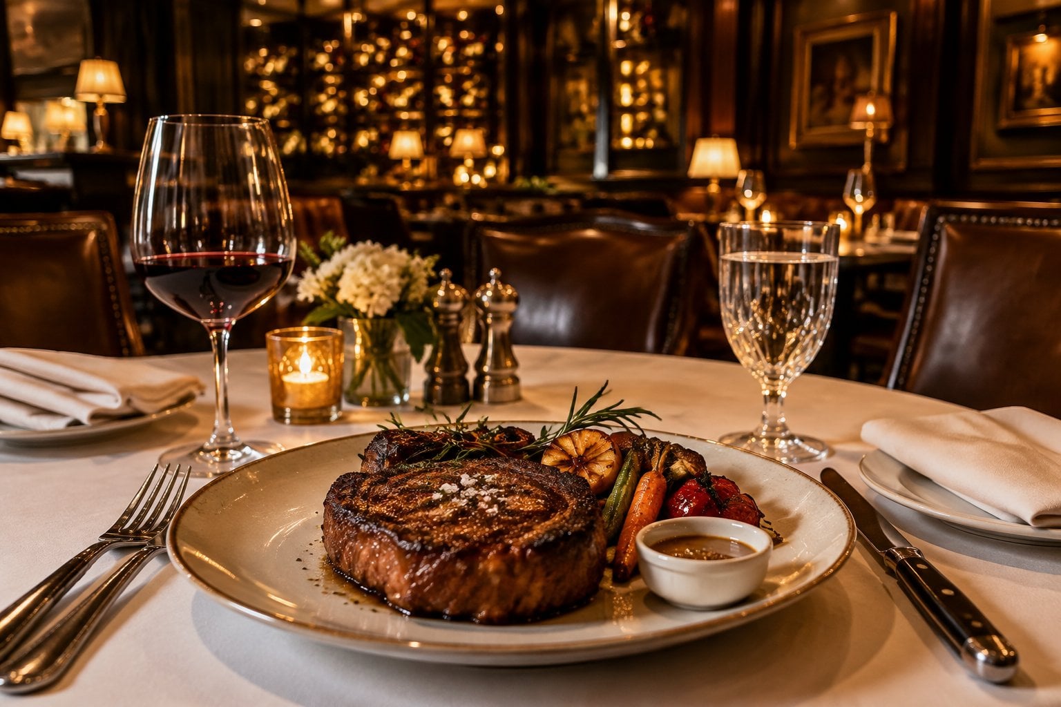 A seared steak with vegetables on a set table in an elegant restaurant.