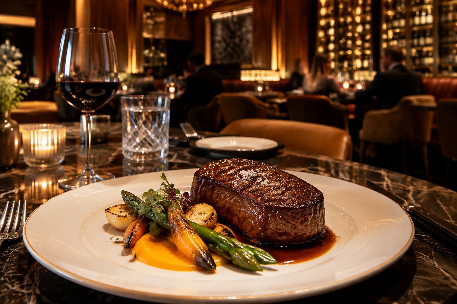 A seared steak served at a candlelit upscale restaurant.