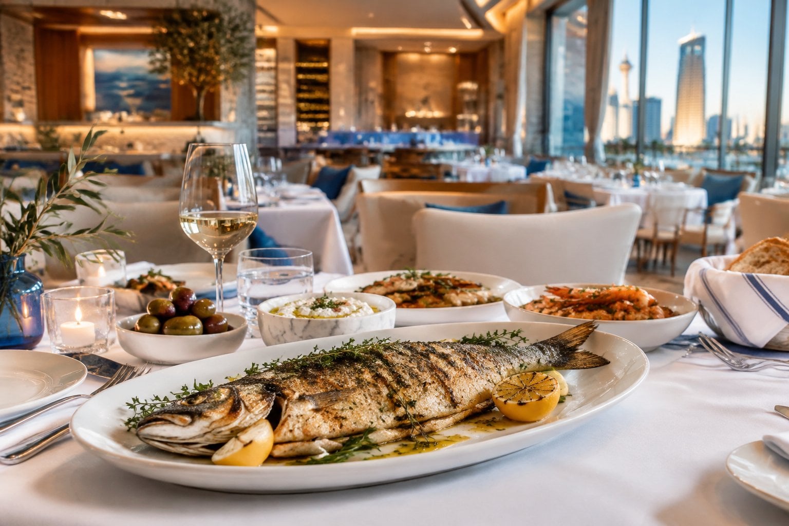 A platter of grilled sea bass sits on a linen-covered table in an elegant restaurant.