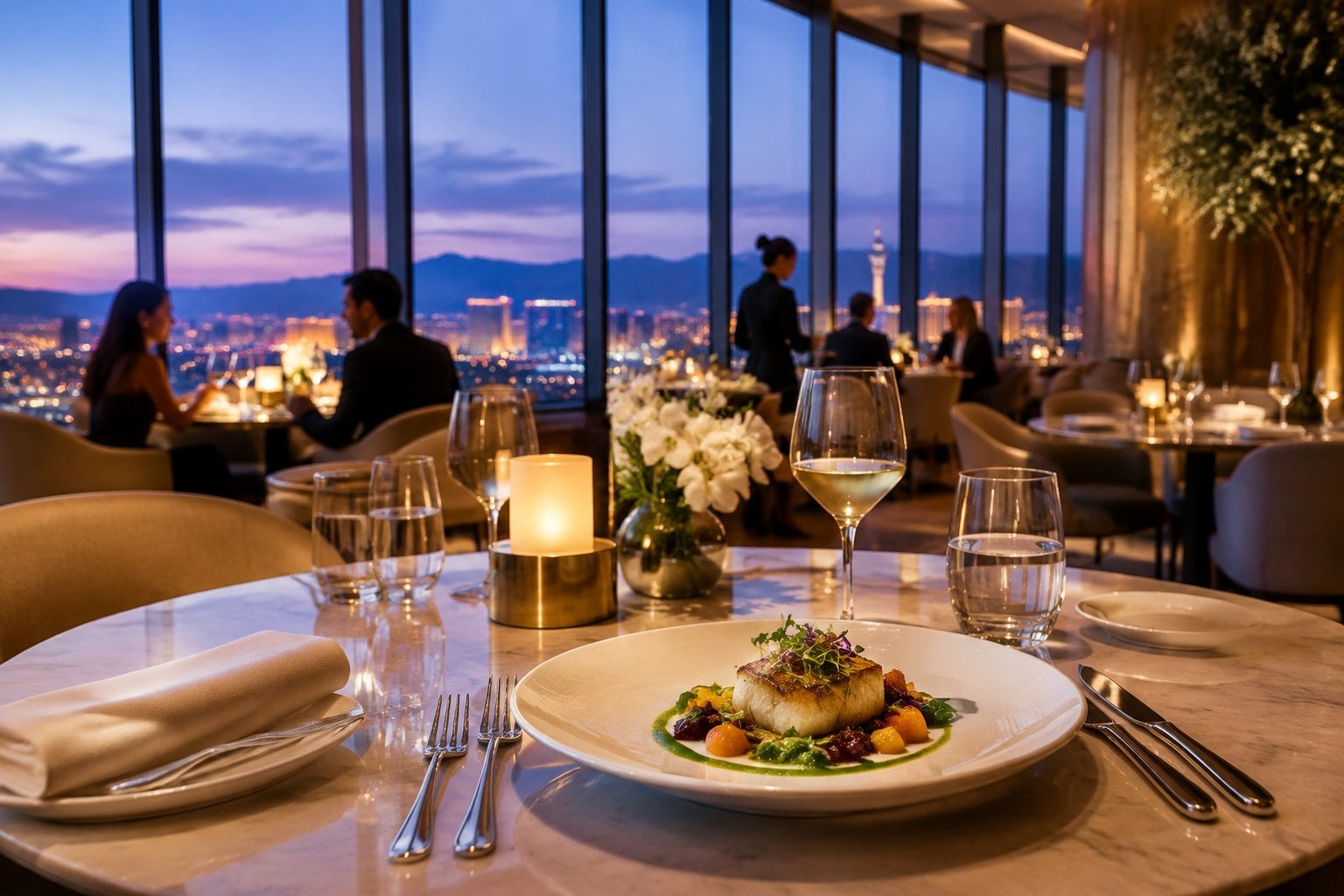A gourmet dinner table overlooks the glowing Las Vegas Strip at twilight.