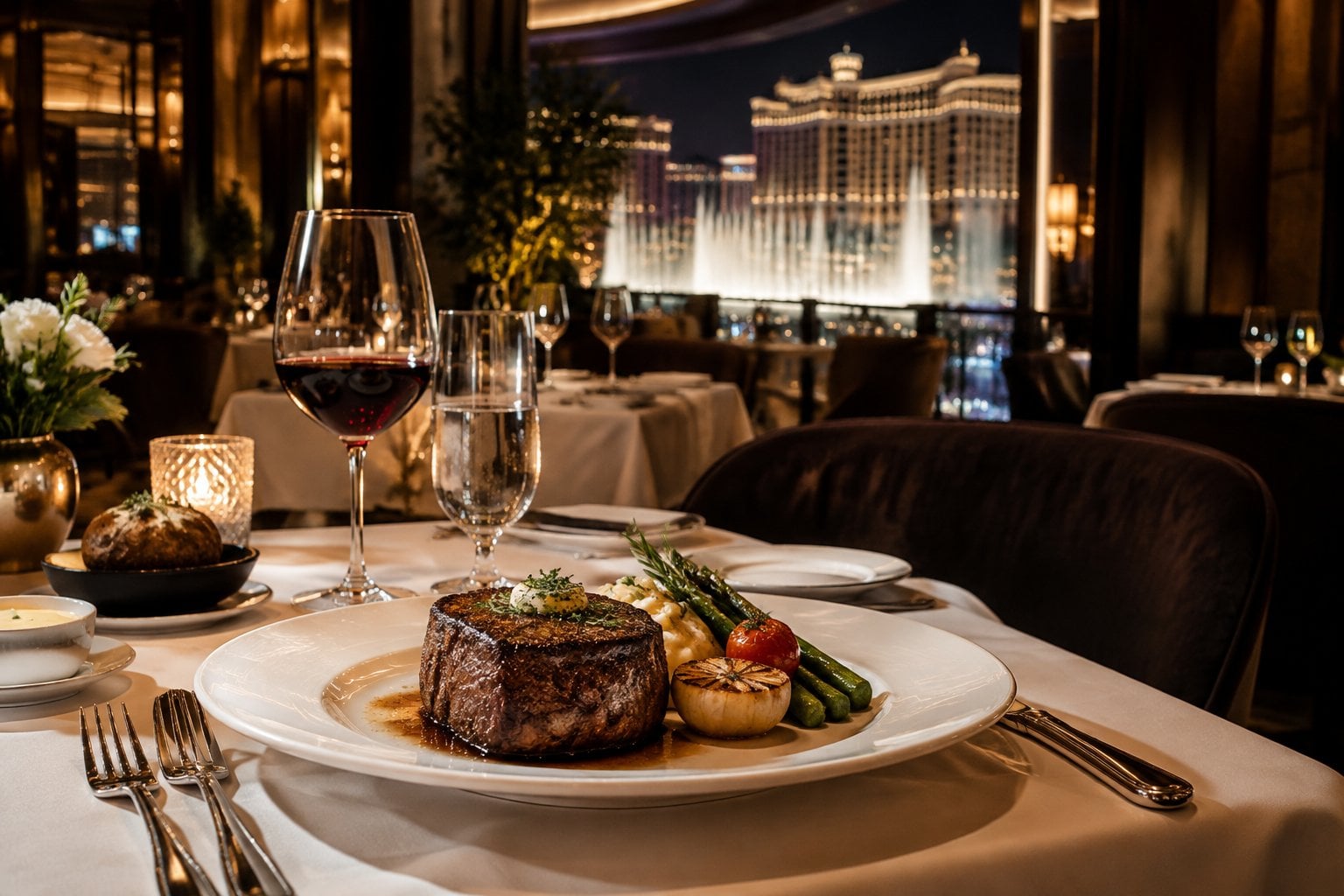 A thick-cut steak and elegant table setting inside a warmly lit restaurant.