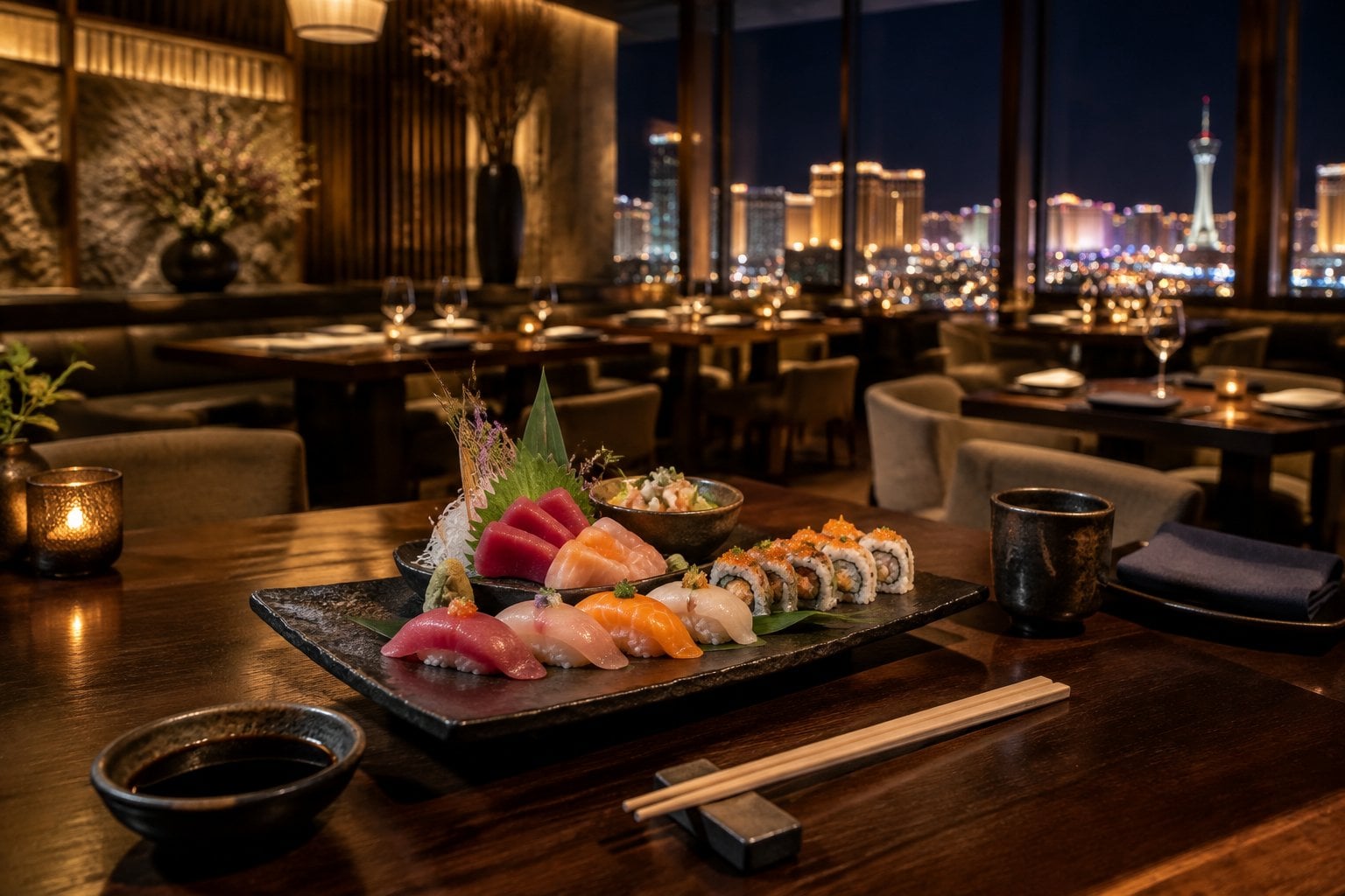 A plate of sushi and sashimi on a table in an elegant restaurant with Las Vegas lights in the background.