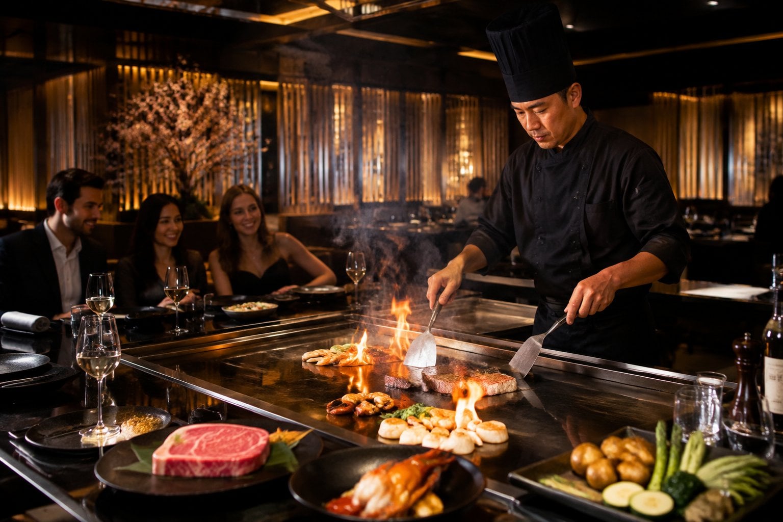 A chef cooks premium ingredients on a teppanyaki grill as diners watch.
