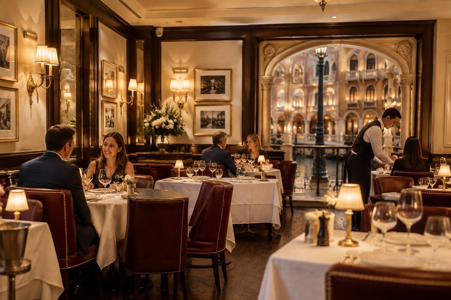 Diners enjoy a meal in an elegant French-style restaurant.