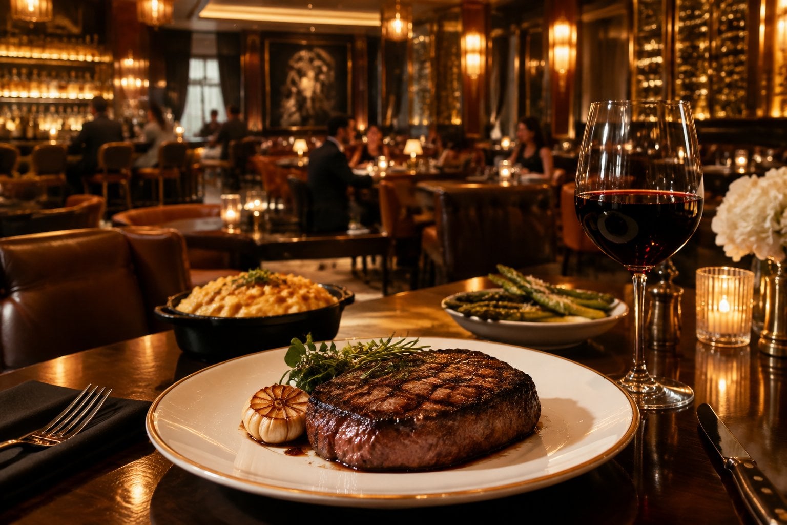 A grilled steak and side dishes on a table in an elegant restaurant.
