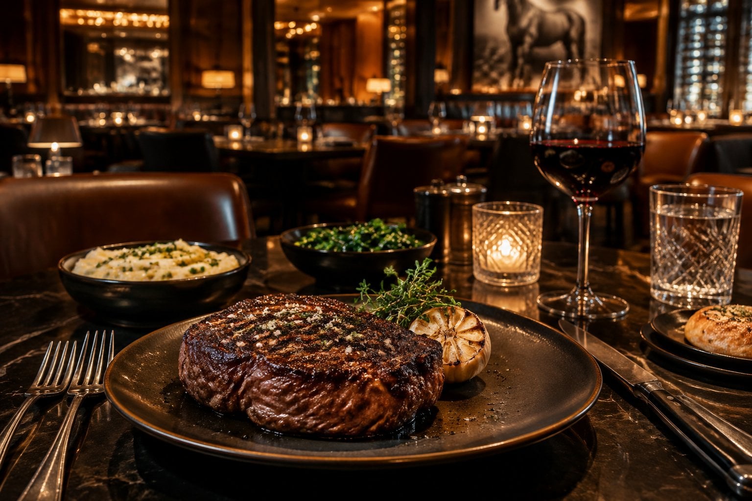 A grilled steak dinner with side dishes on a table in an upscale restaurant.