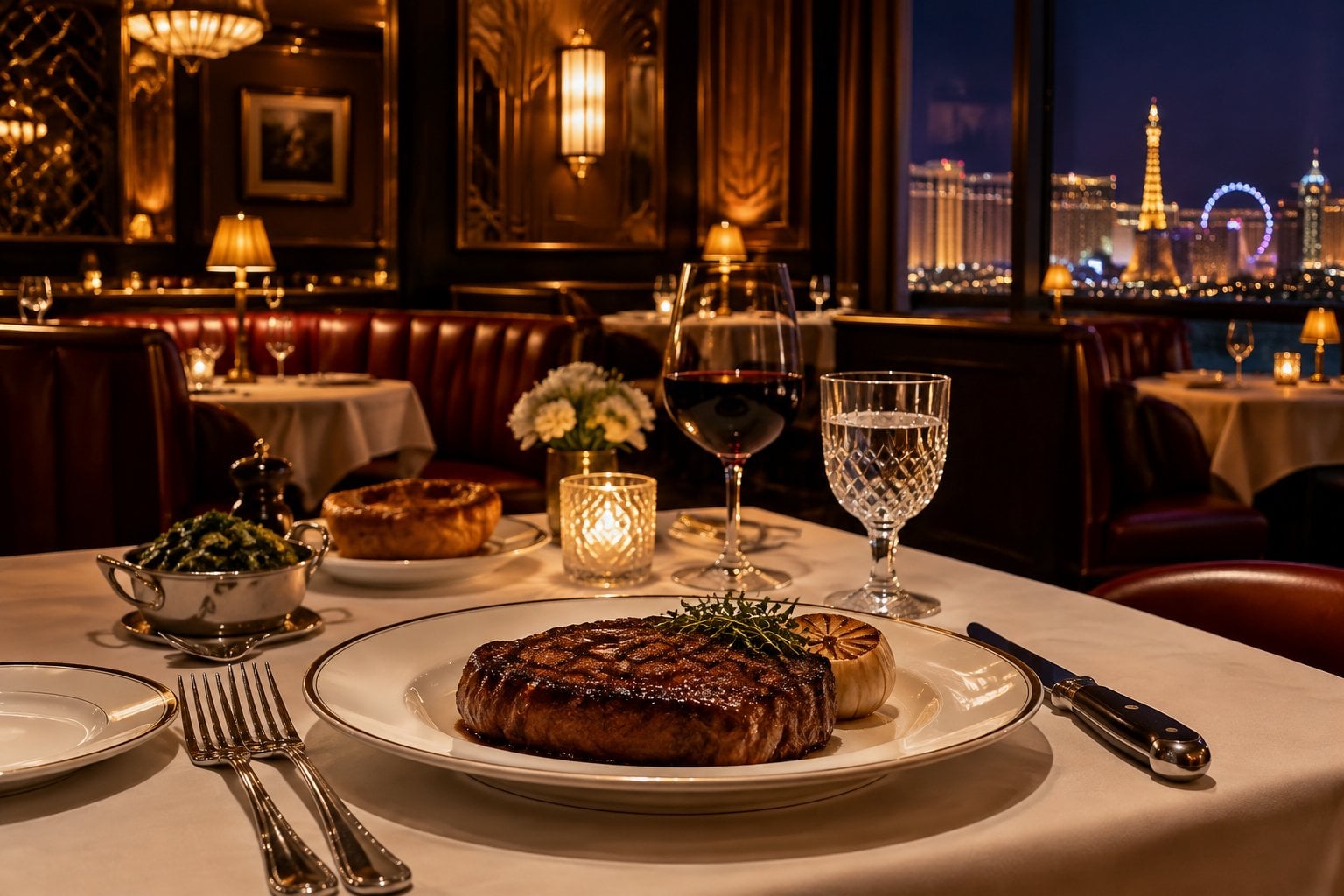 A grilled steak and candlelit table in an elegant restaurant.