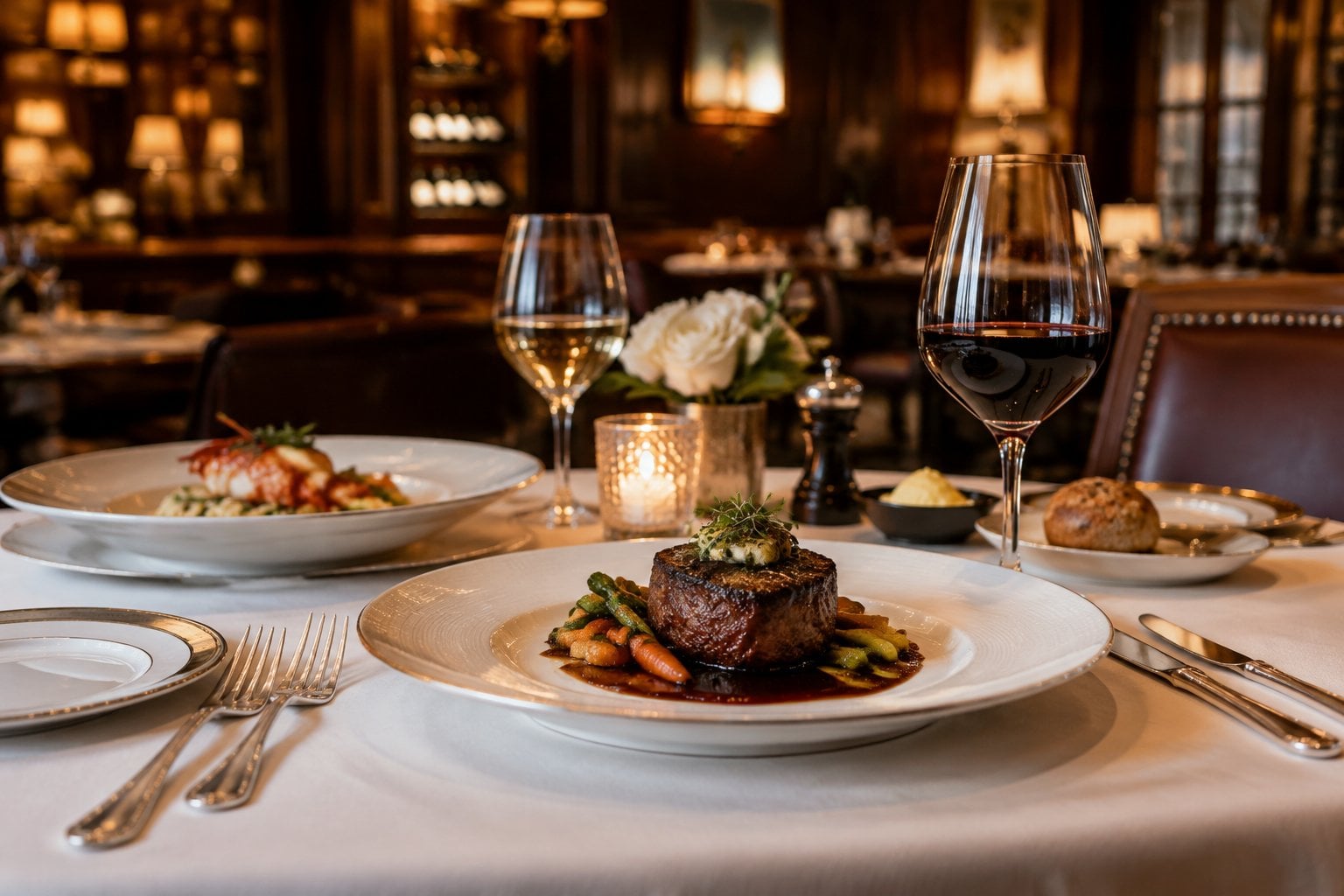 An elegant restaurant table set with gourmet food, crystal glasses, and silverware.