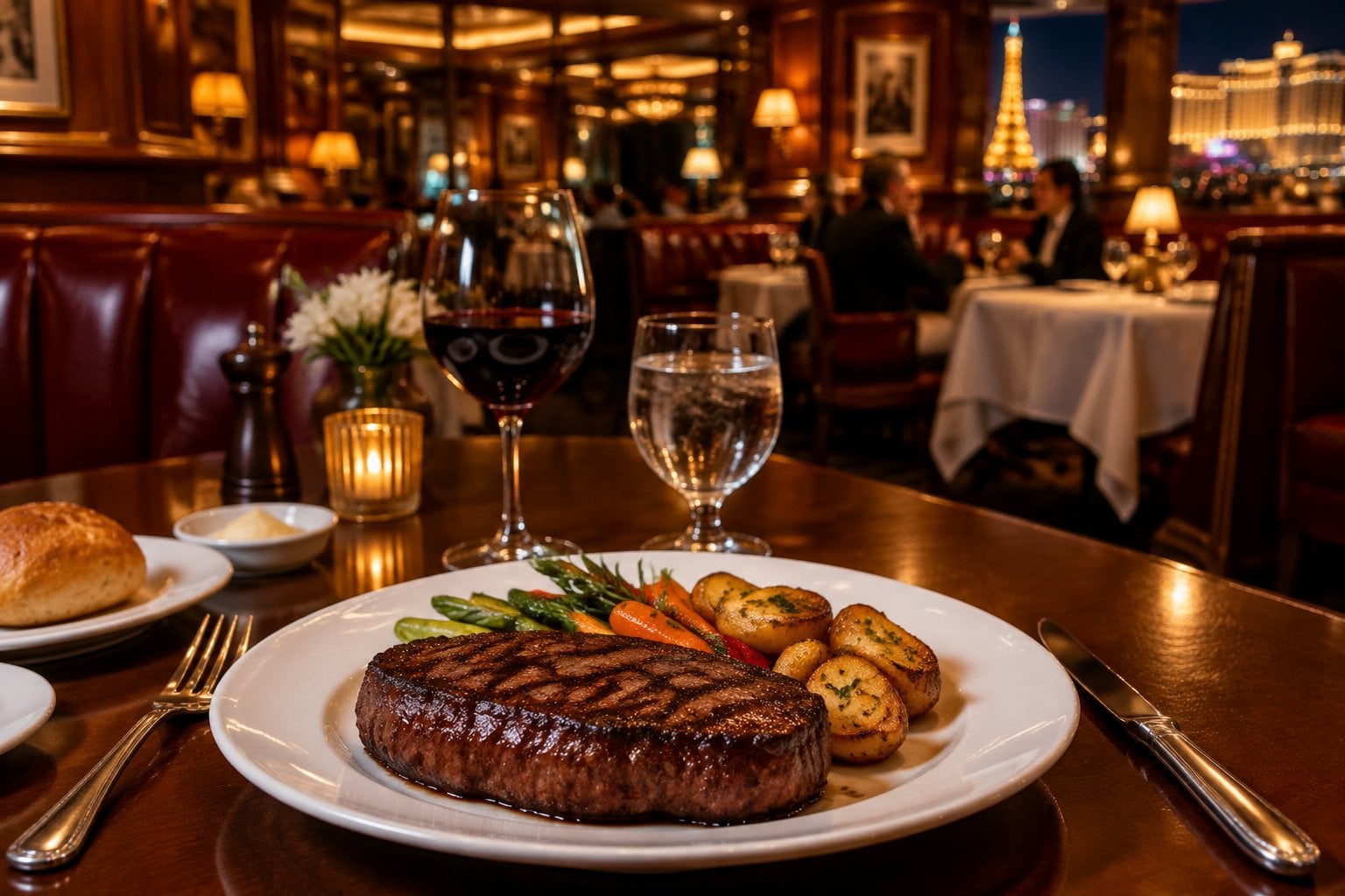 A grilled steak dinner is served in a warmly lit restaurant.