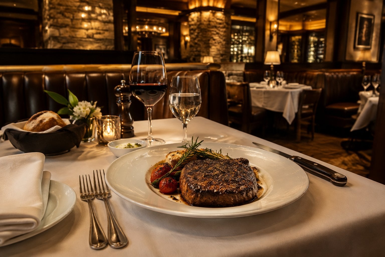 A premium steak dinner on a set table in an elegant restaurant.