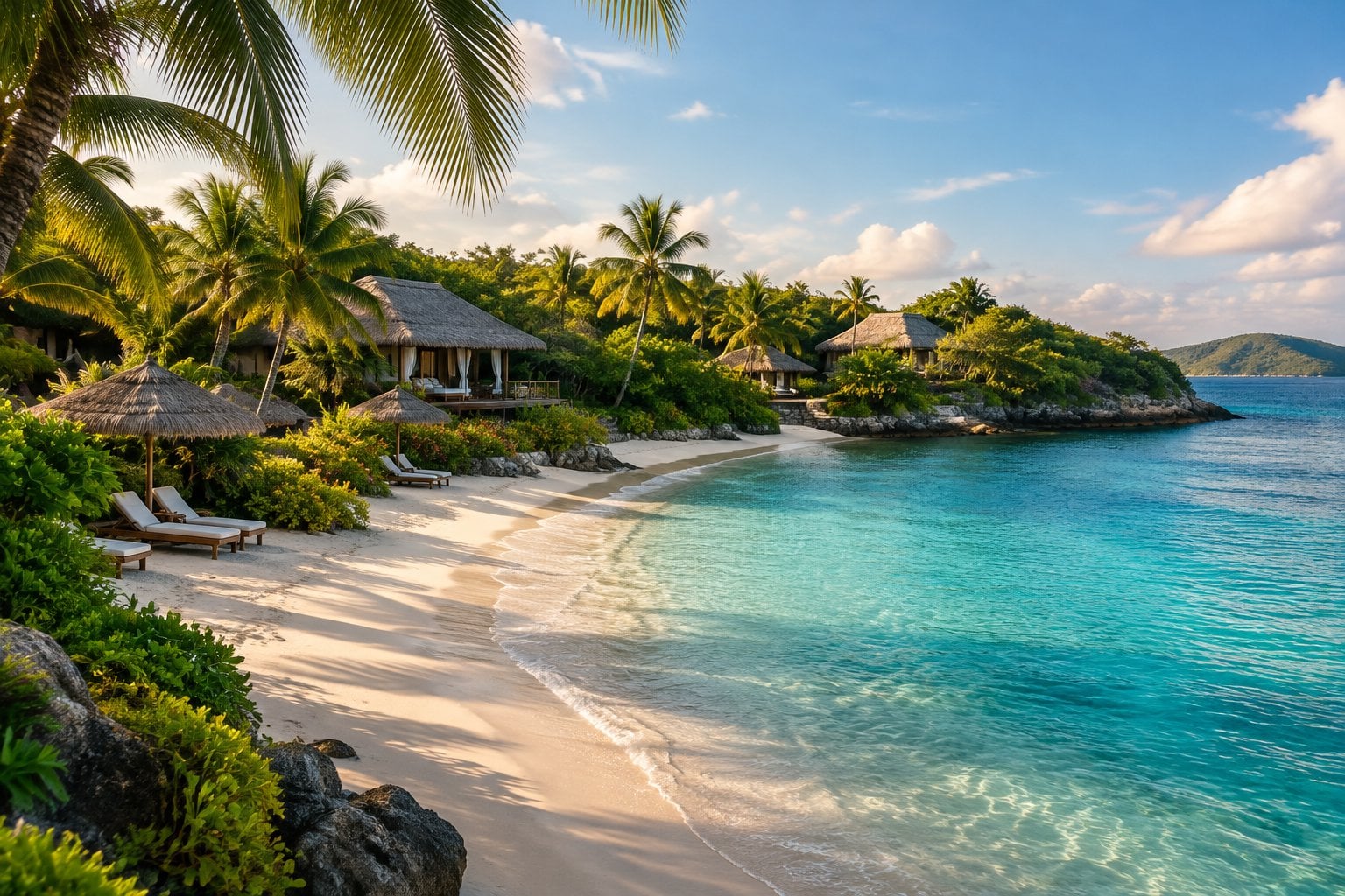 A quiet tropical resort beside a white-sand beach and turquoise Caribbean water.