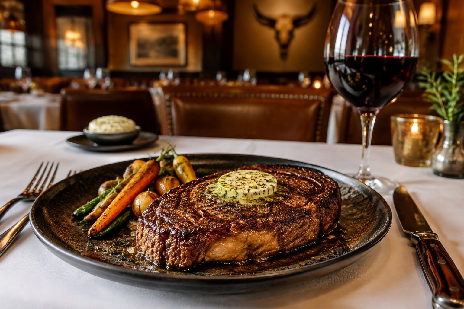 A seared ribeye steak served with roasted vegetables at an elegant restaurant table.