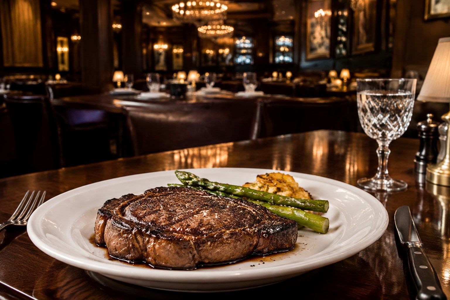 A grilled steak with side dishes on a table in an elegant restaurant.