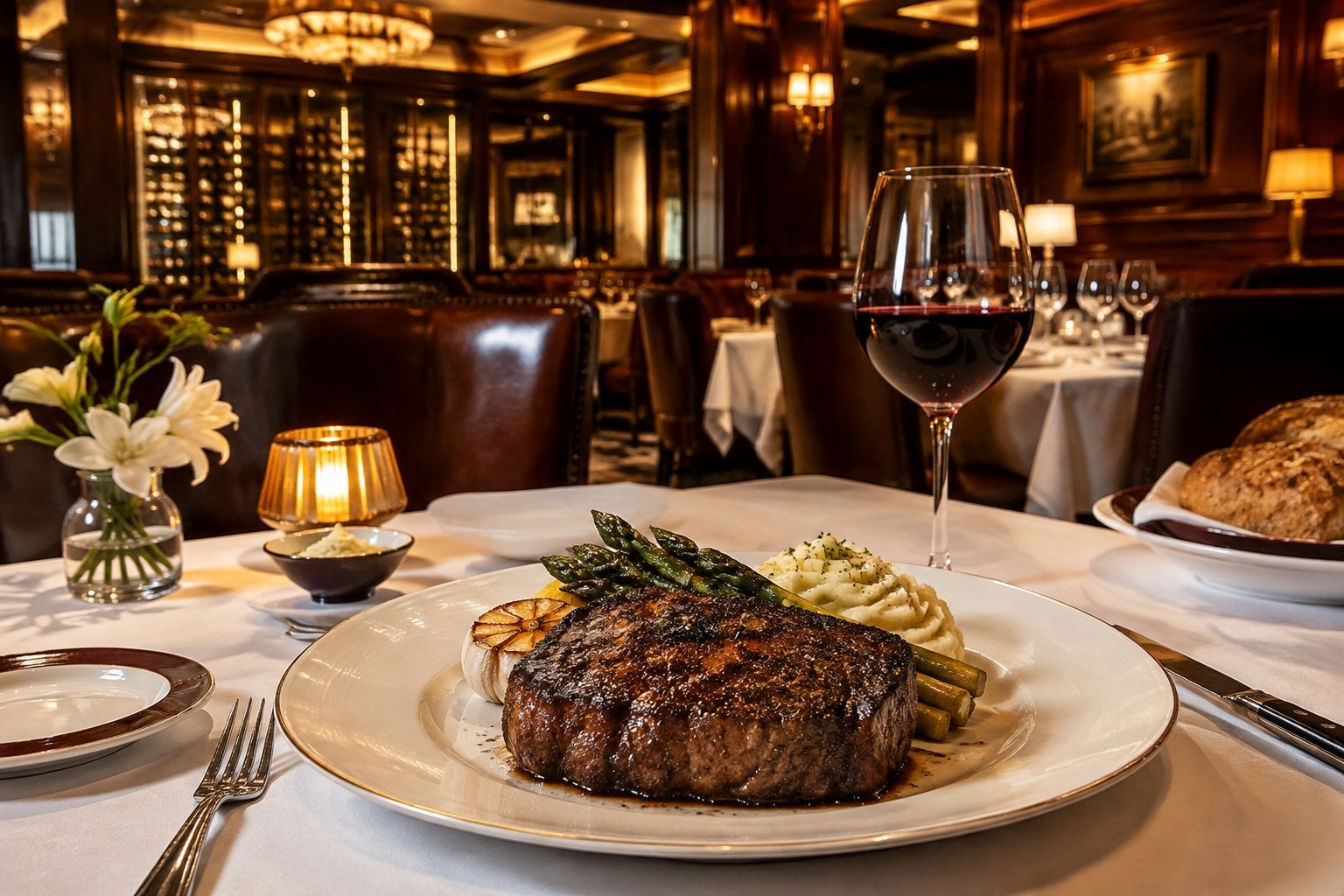A seared steak and elegant sides on a table in an upscale restaurant.