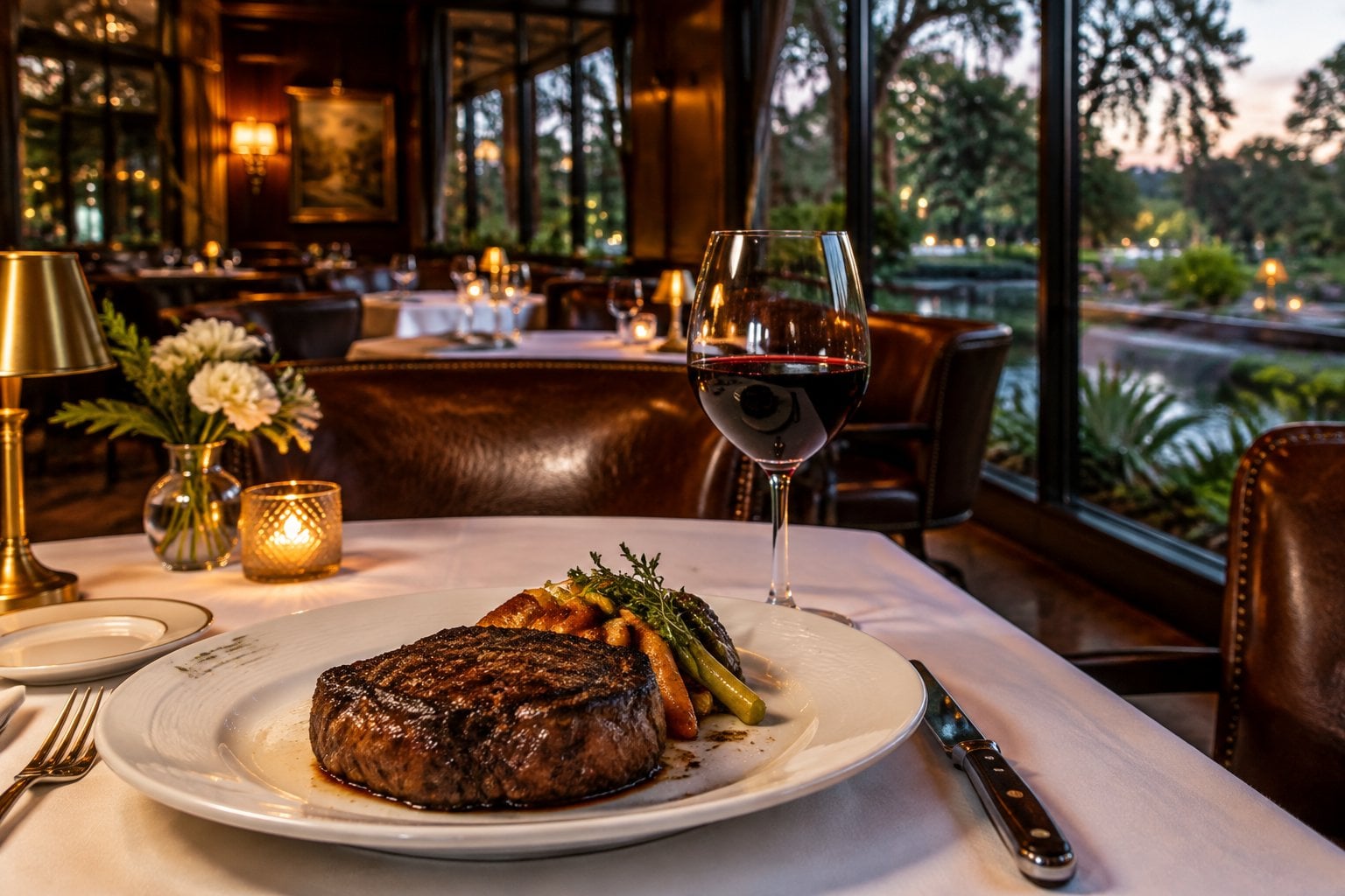 A grilled steak dinner on a table in an elegant restaurant overlooking a garden.