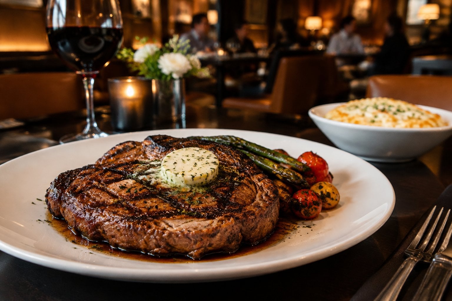 A grilled steak with side dishes on a table in an upscale restaurant.