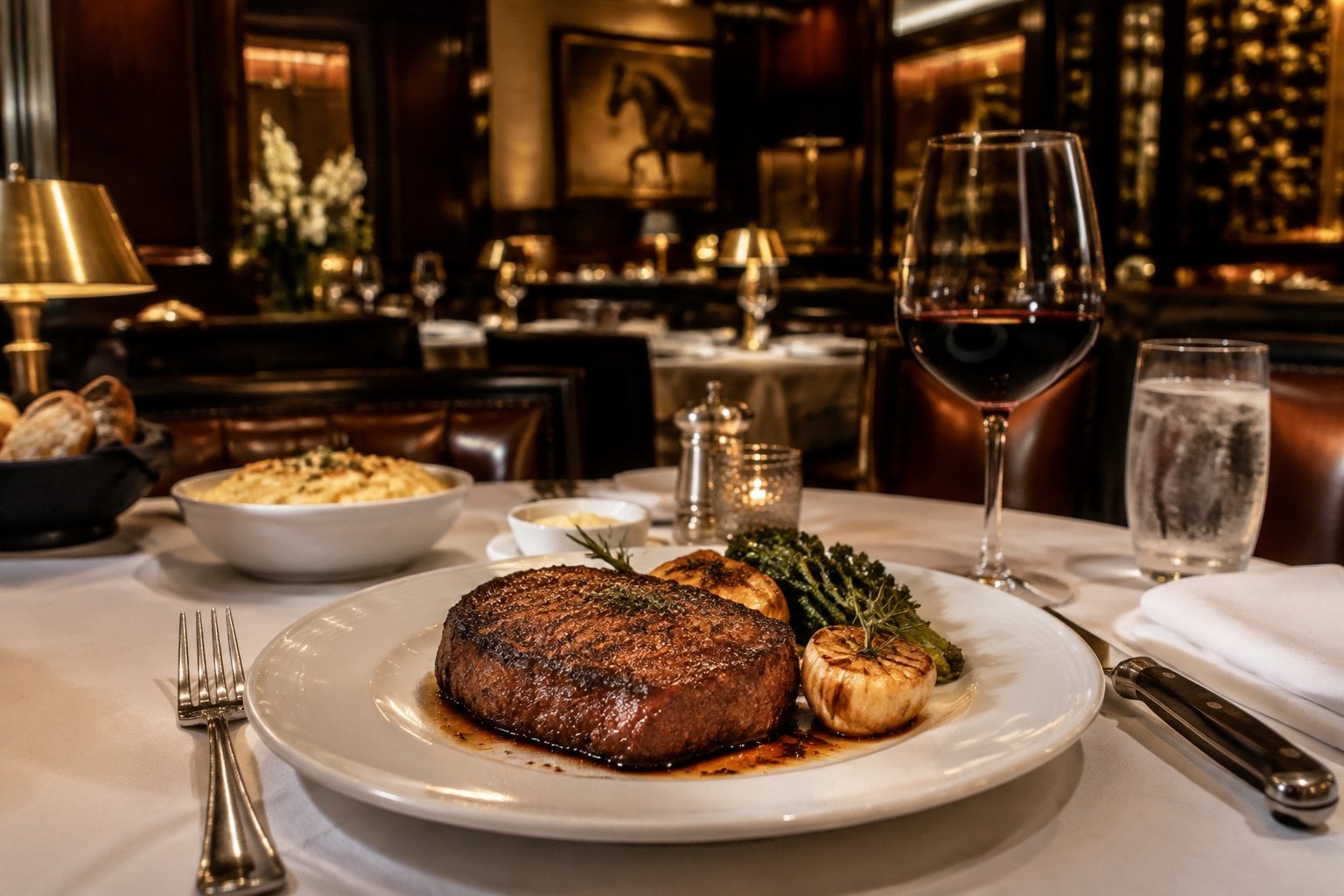 A seared steak served at a warmly lit upscale restaurant table.