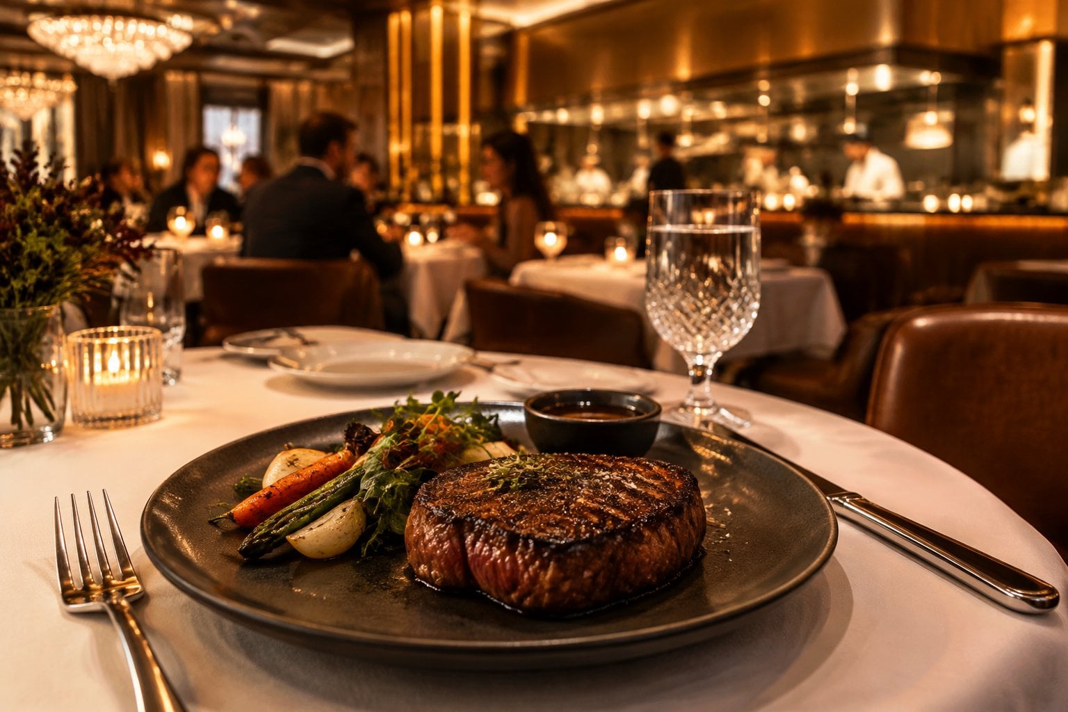 A seared steak with vegetables served in an elegant restaurant dining room.