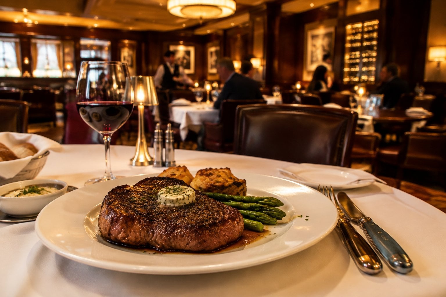 A grilled steak and side dishes on a table in an elegant restaurant.