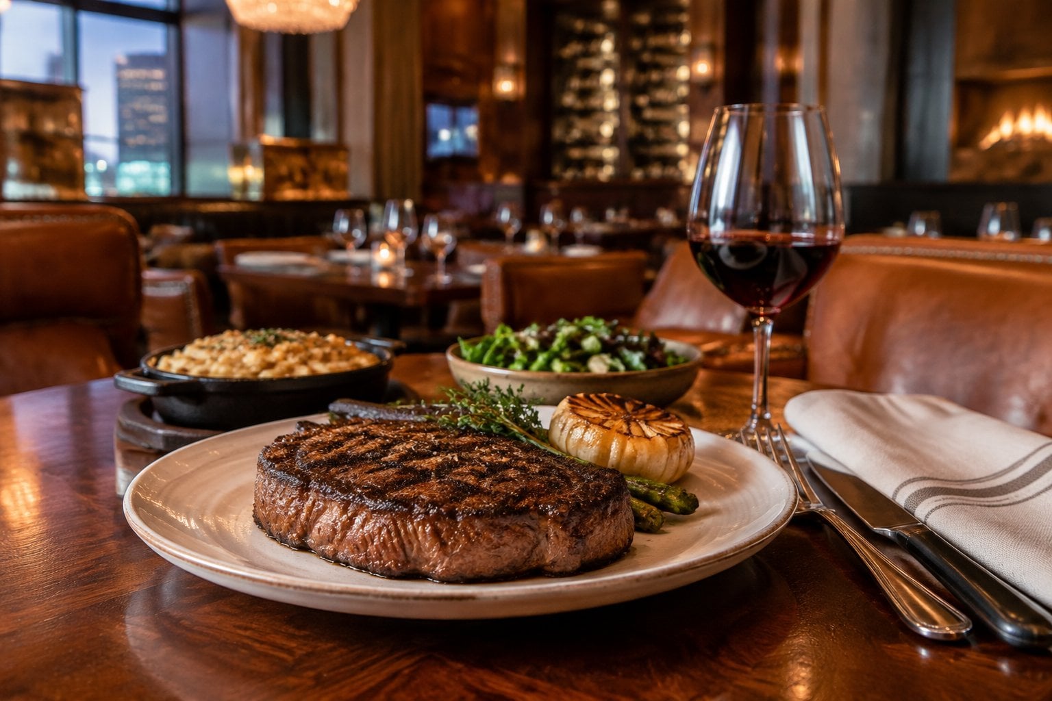 A grilled steak with side dishes on a table in an elegant restaurant.