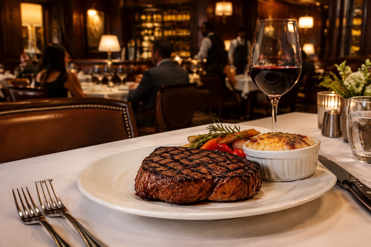 A grilled steak with vegetables at a warmly lit upscale restaurant.