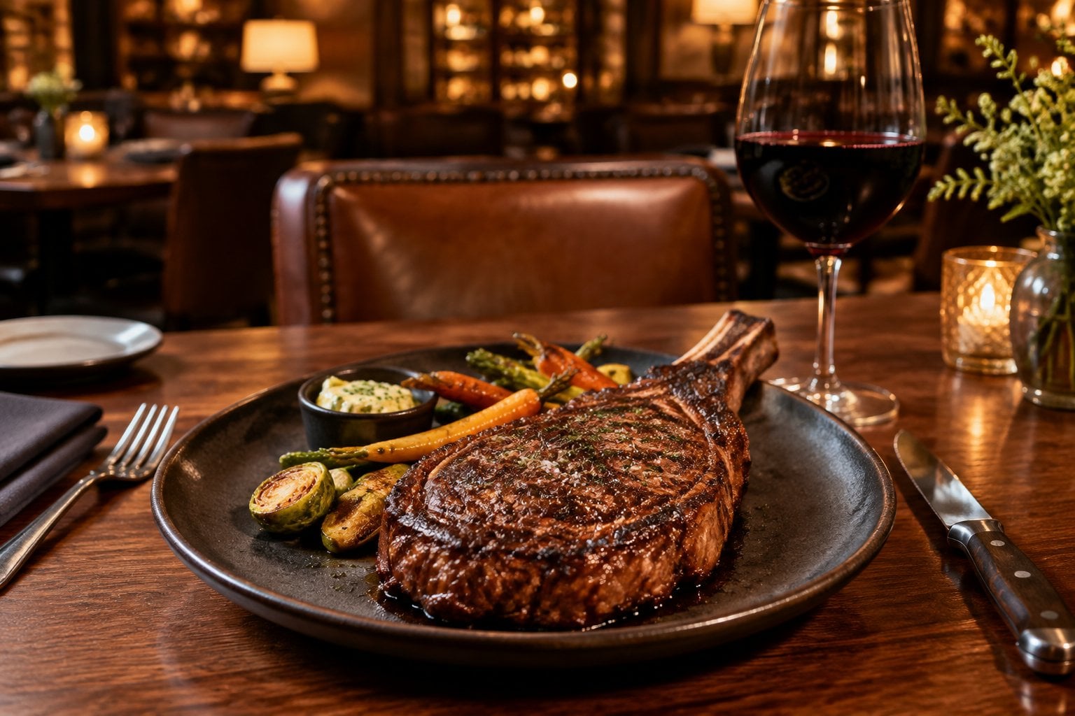 A seared steak with vegetables, herb butter, and a glass of red wine on a restaurant table.