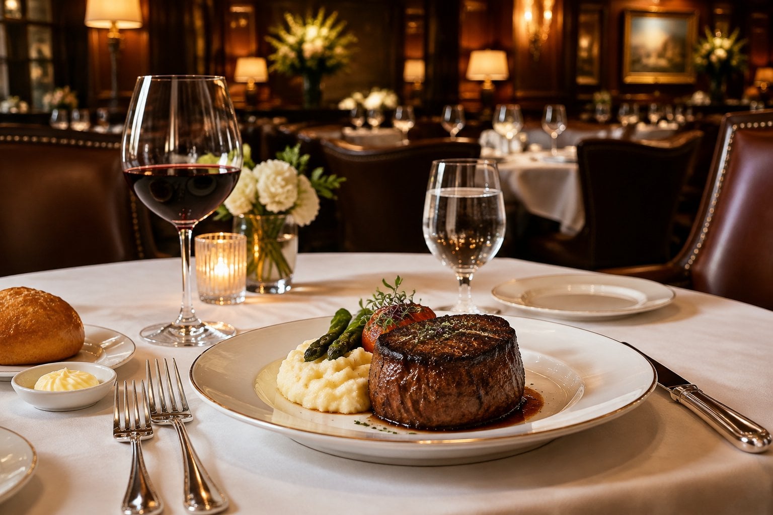 A plated steak on a set table in an elegant restaurant.