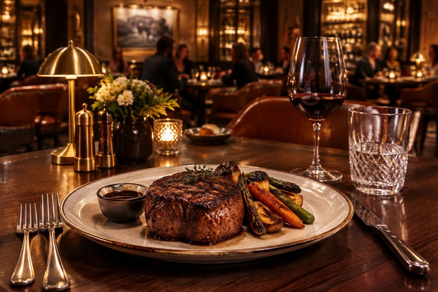 A grilled steak dinner served in an elegant, warmly lit restaurant.