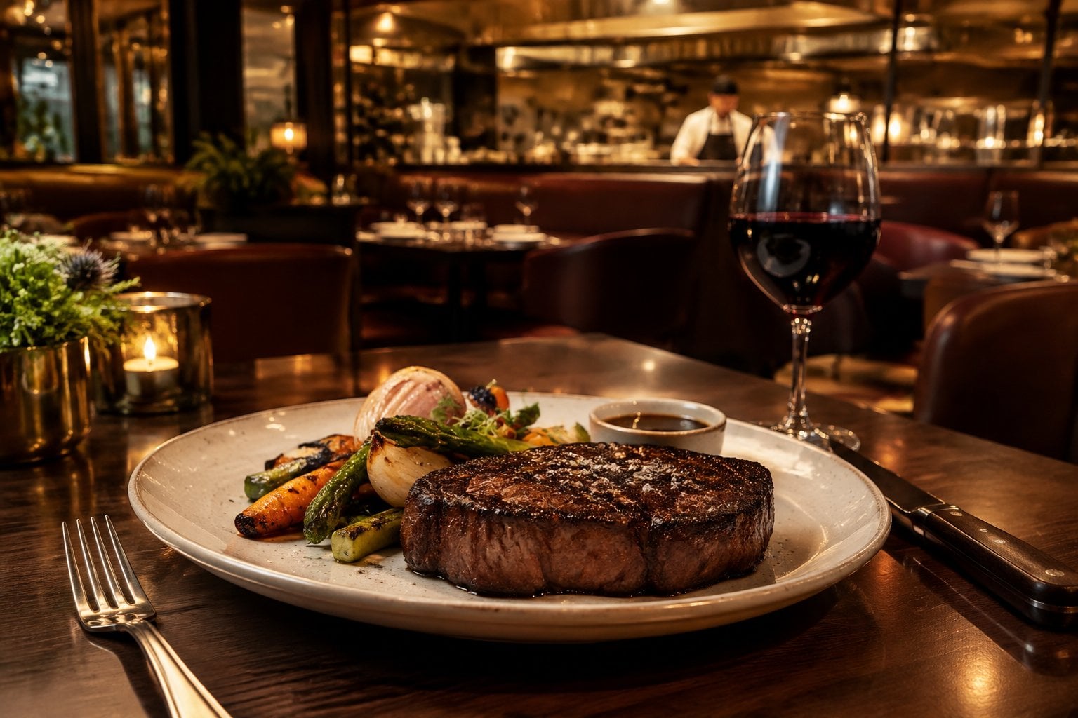 A seared steak with vegetables on a plate in an elegant restaurant.