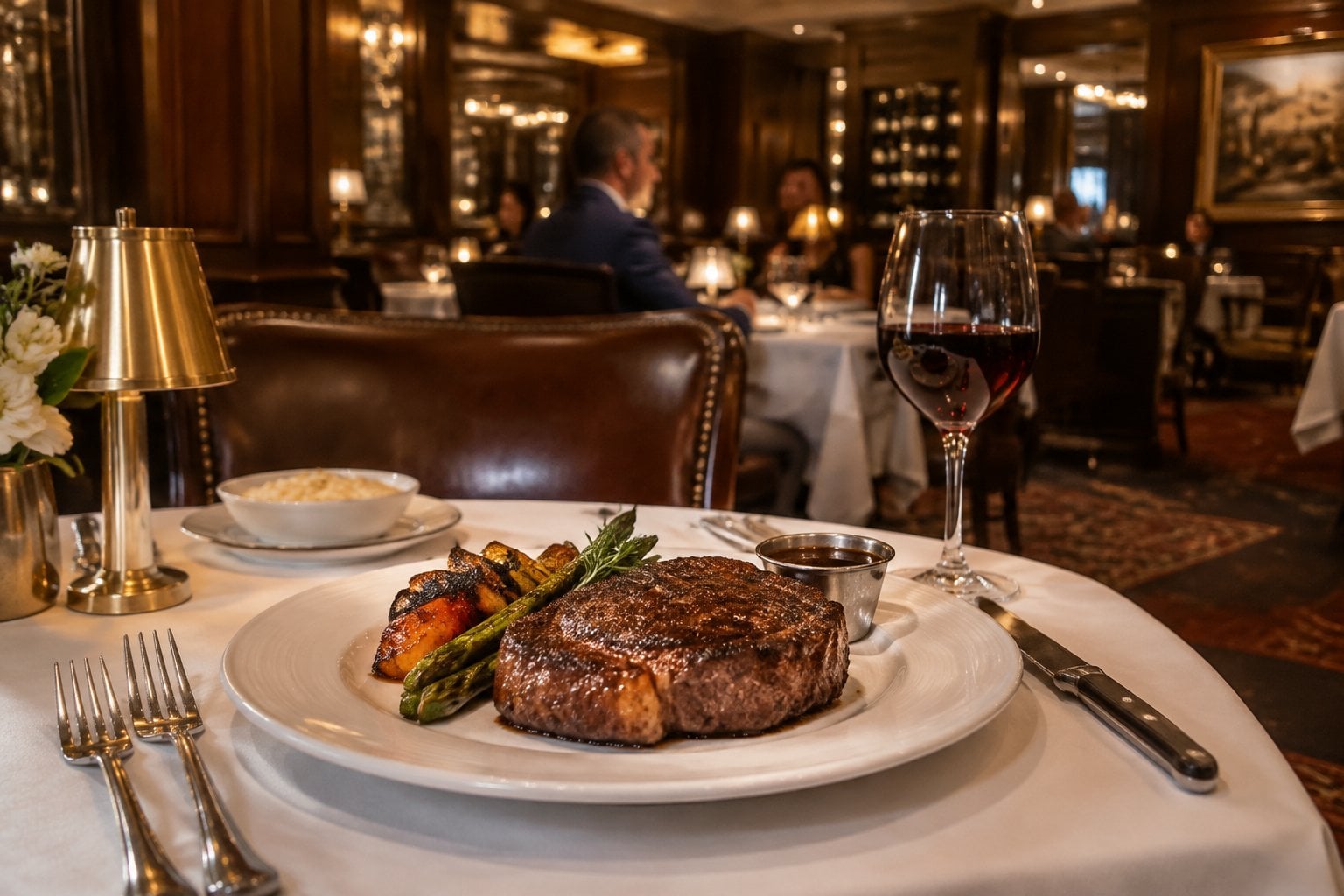 A seared steak dinner served in an elegant restaurant.