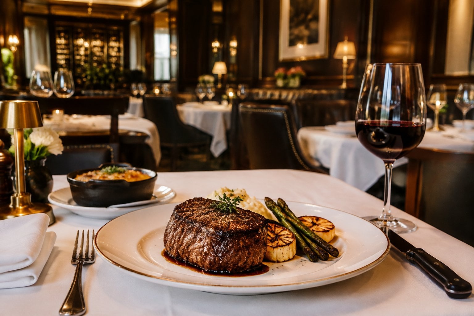 A premium steak dinner served in an elegant restaurant.