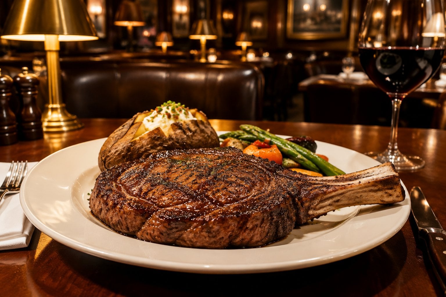 A seared ribeye steak with a baked potato and vegetables on a table in an upscale restaurant.