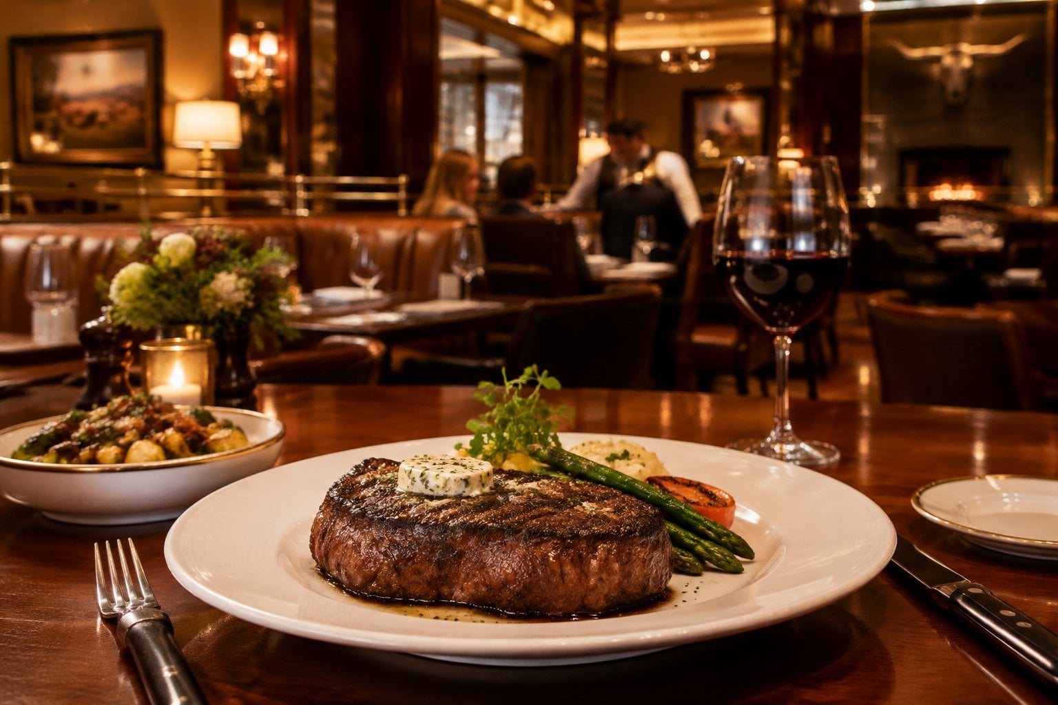 A grilled steak and side dishes on a table in an elegant restaurant.