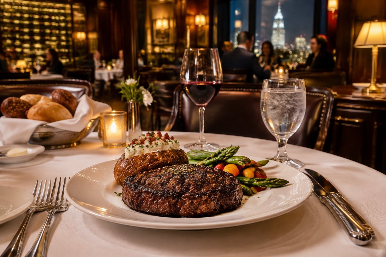 A grilled steak dinner served in an elegant restaurant.