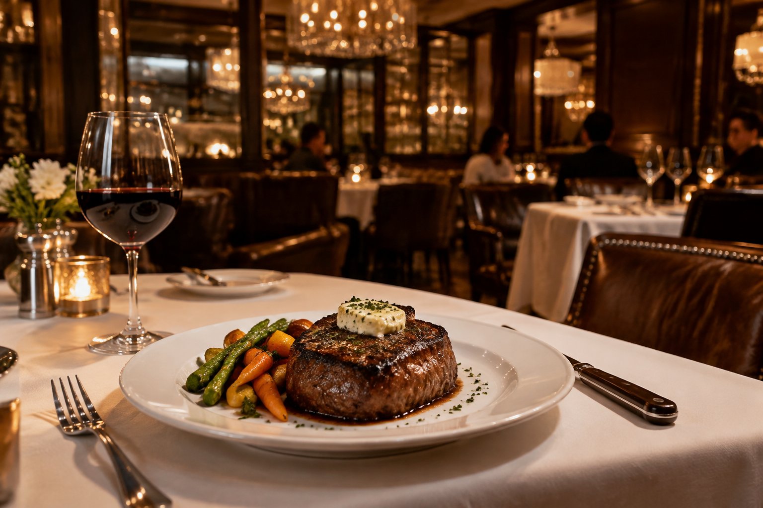 A plated steak and glass of red wine on a table in an elegant restaurant.