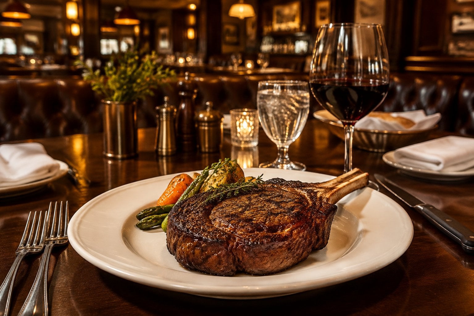 A seared ribeye steak with roasted vegetables on a table in an elegant restaurant.