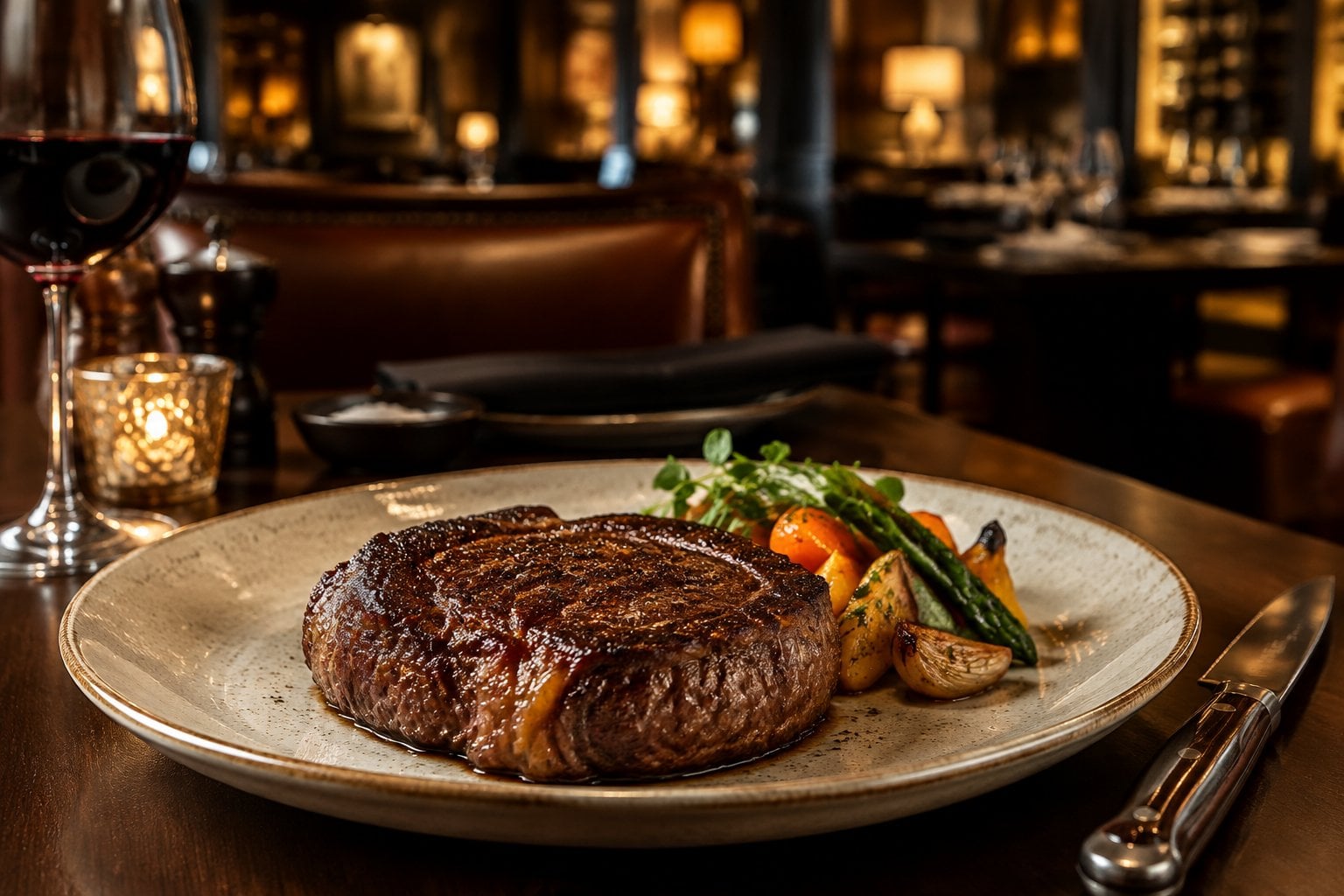A seared steak served with roasted vegetables in an elegant restaurant.