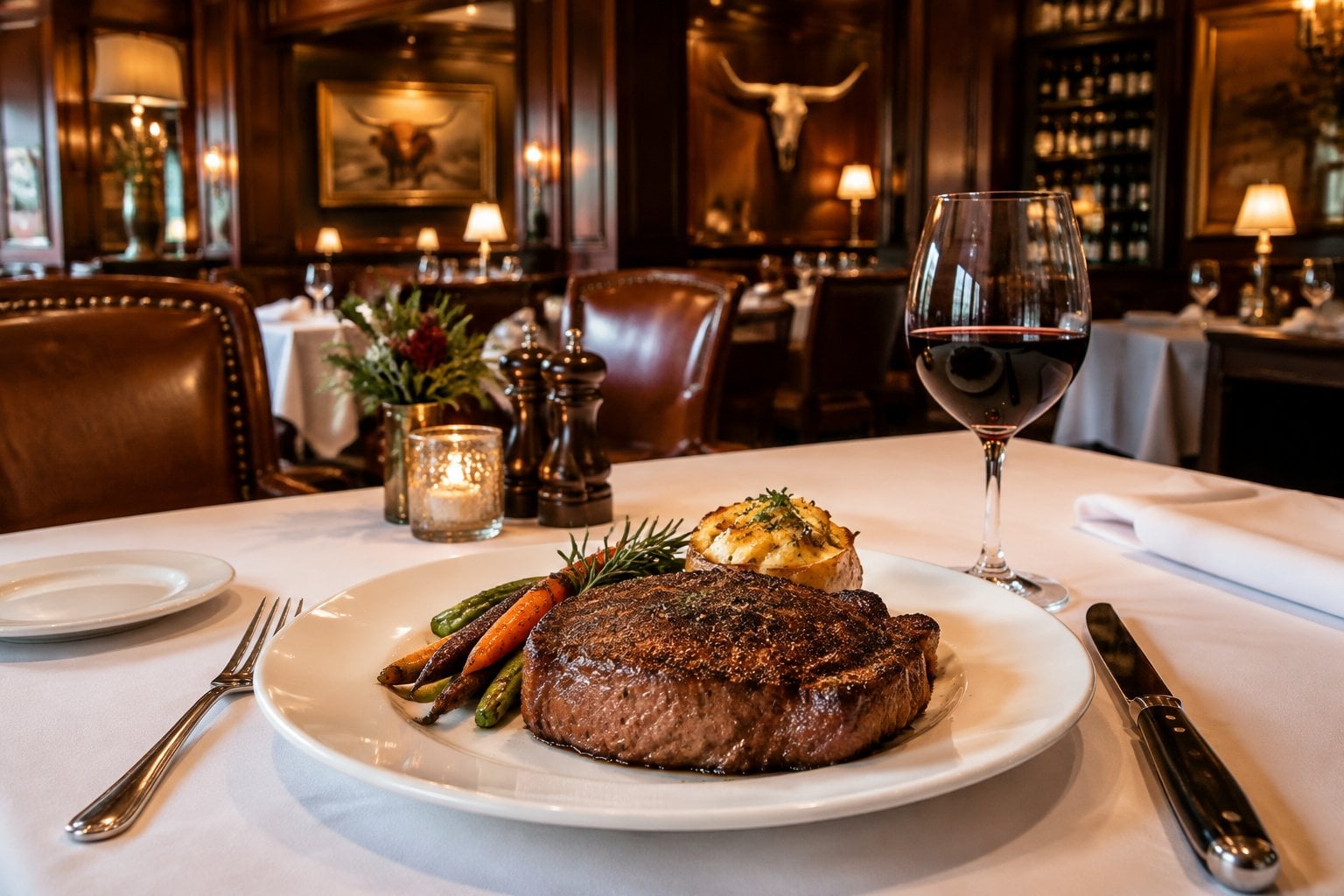 A plated steak at a table in an elegant restaurant dining room.