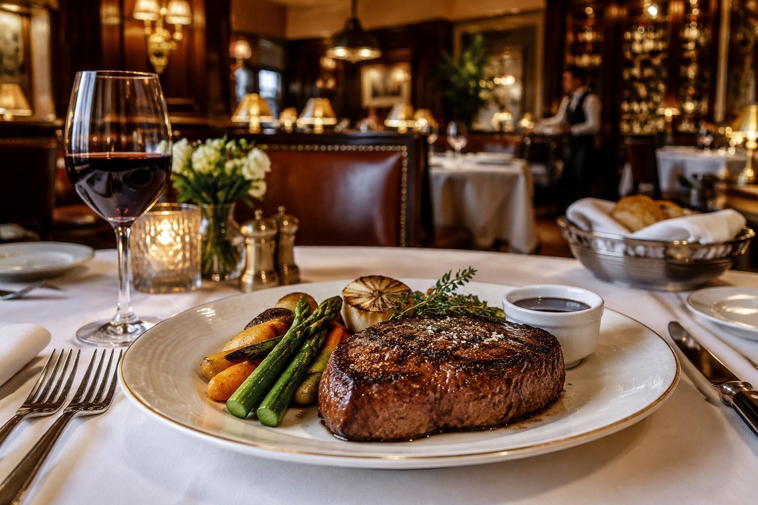 A grilled steak dinner served in an elegant restaurant.