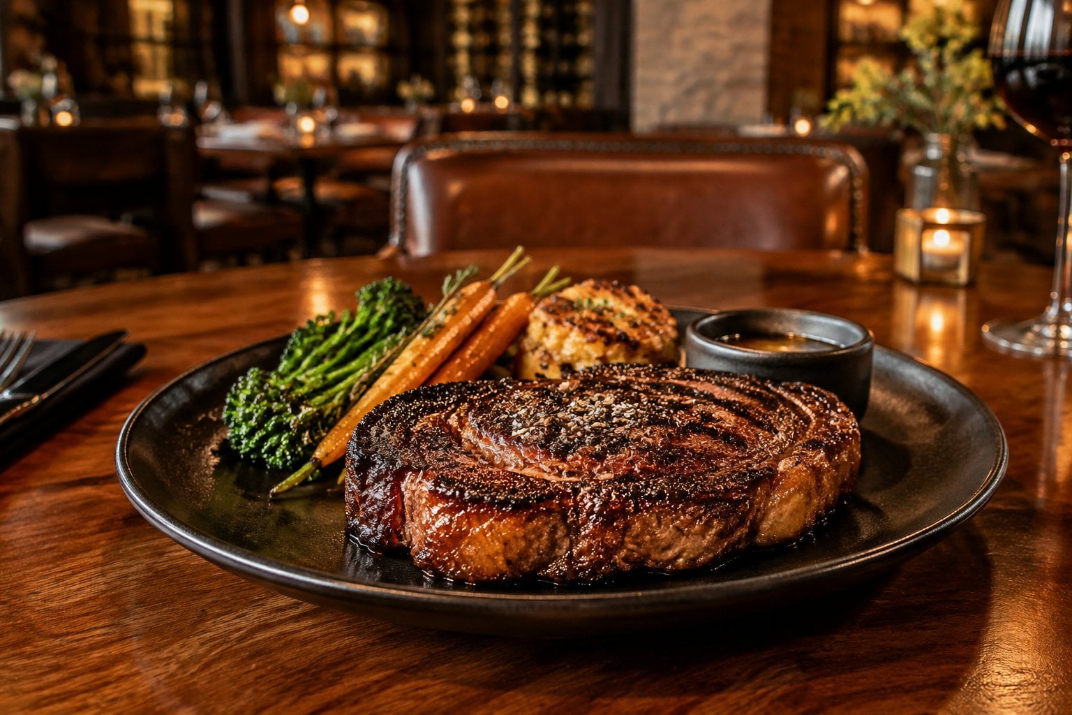 A grilled steak with side dishes on a plate in an elegant restaurant.