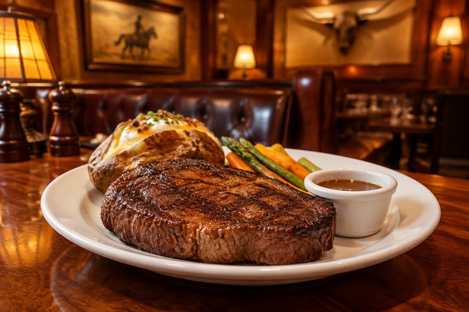 A grilled steak with a baked potato and vegetables on a wooden table in a warmly lit restaurant.