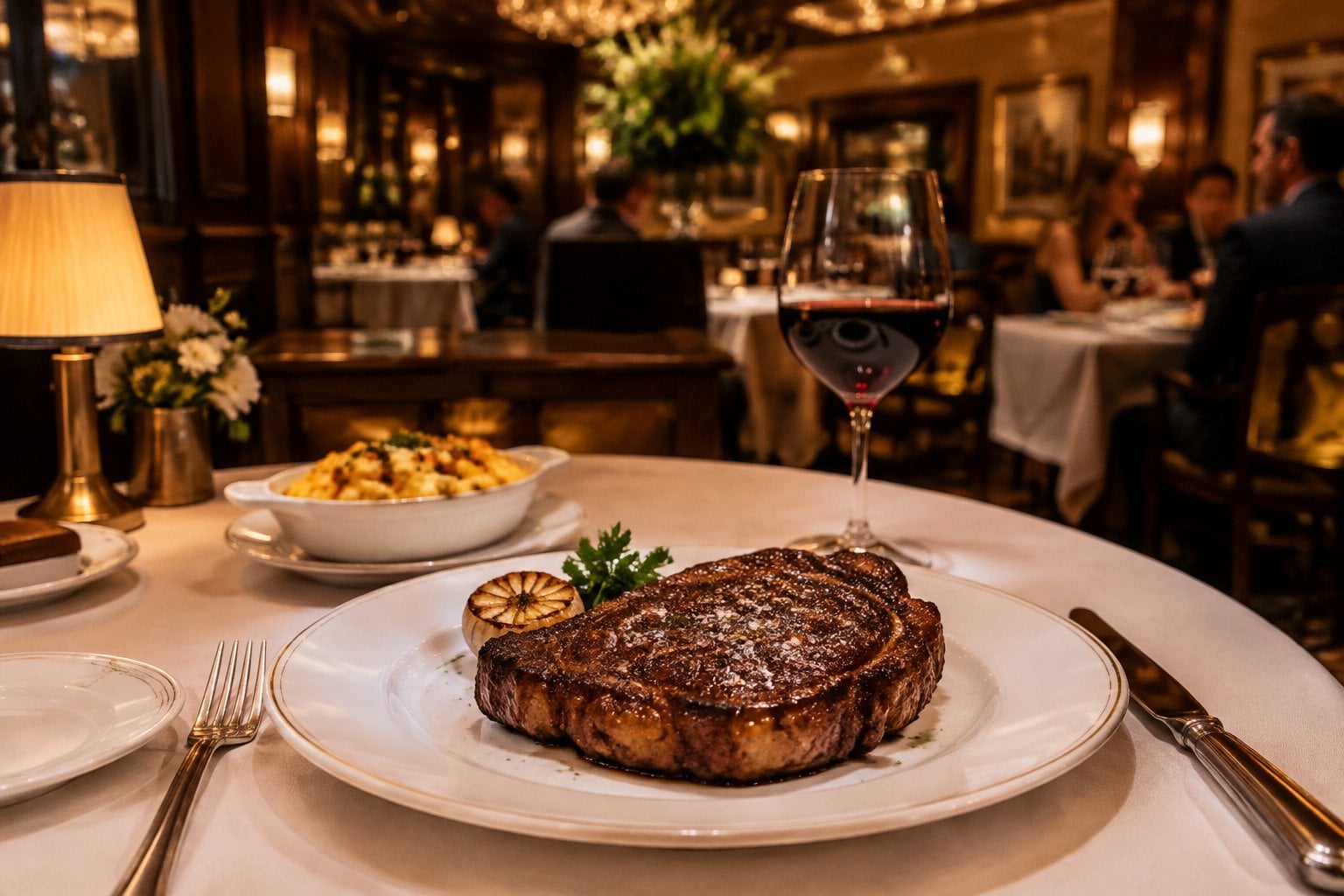 A seared steak served at an elegant restaurant table.